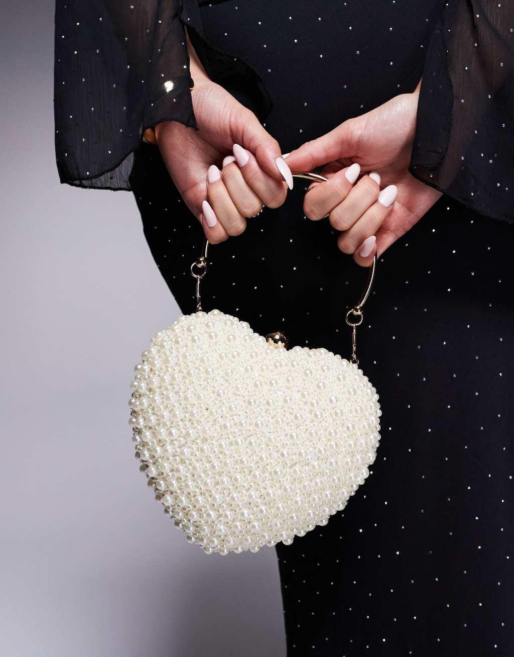 True Decadence pearl embellished heart clutch bag in white Product Image