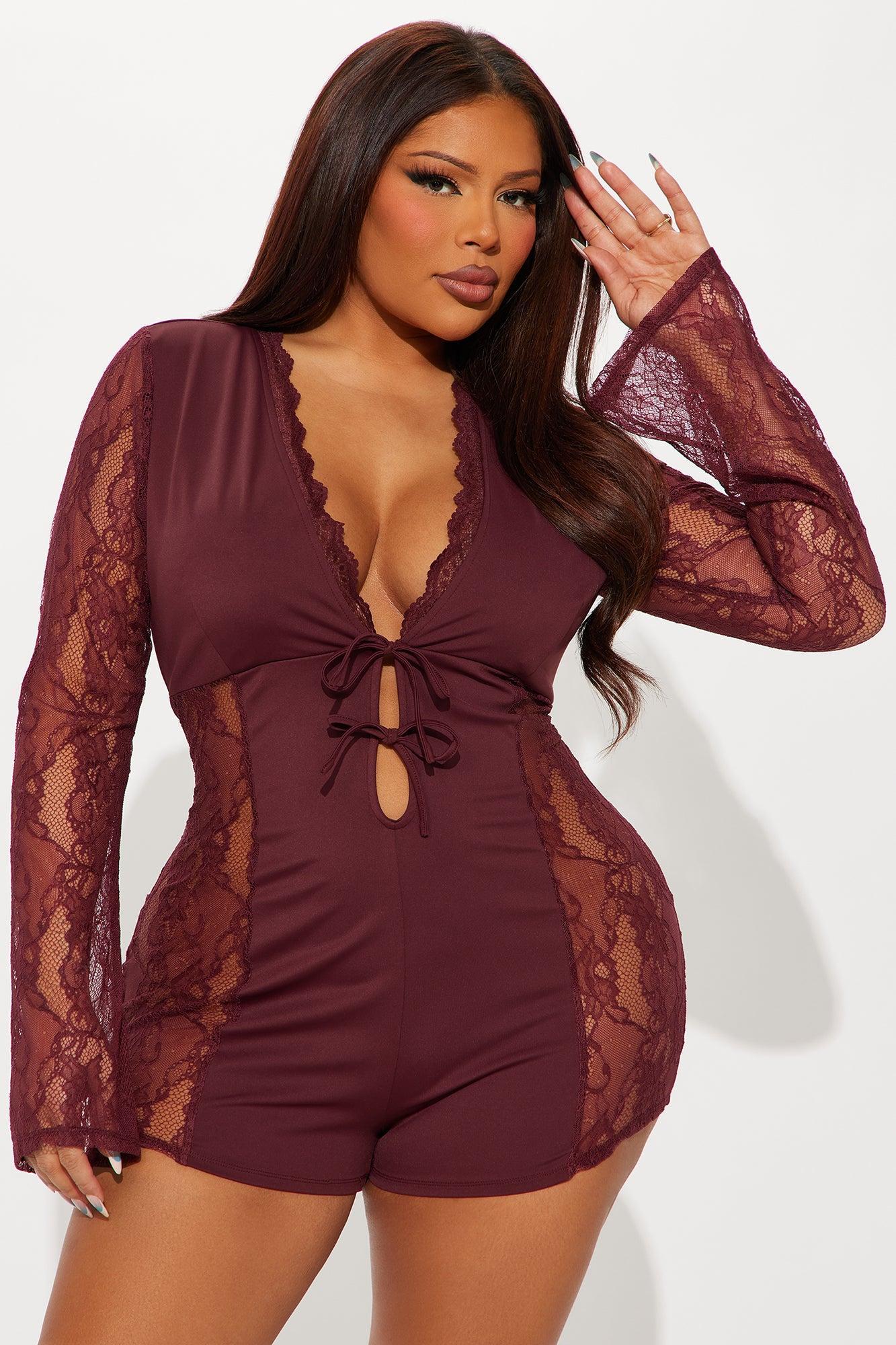 Cleo Lace Long Sleeve Romper - Burgundy Product Image