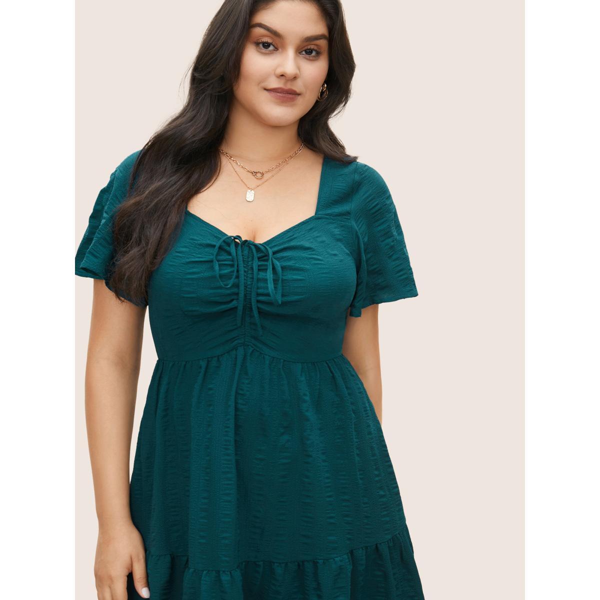 Plus Size Plain Ruched Drawstring Pocket Ruffle Tiered Dress DarkGreen Women Elegant Non V-neck Short sleeve Curvy Midi Dress BloomChic 30/6X Product Image