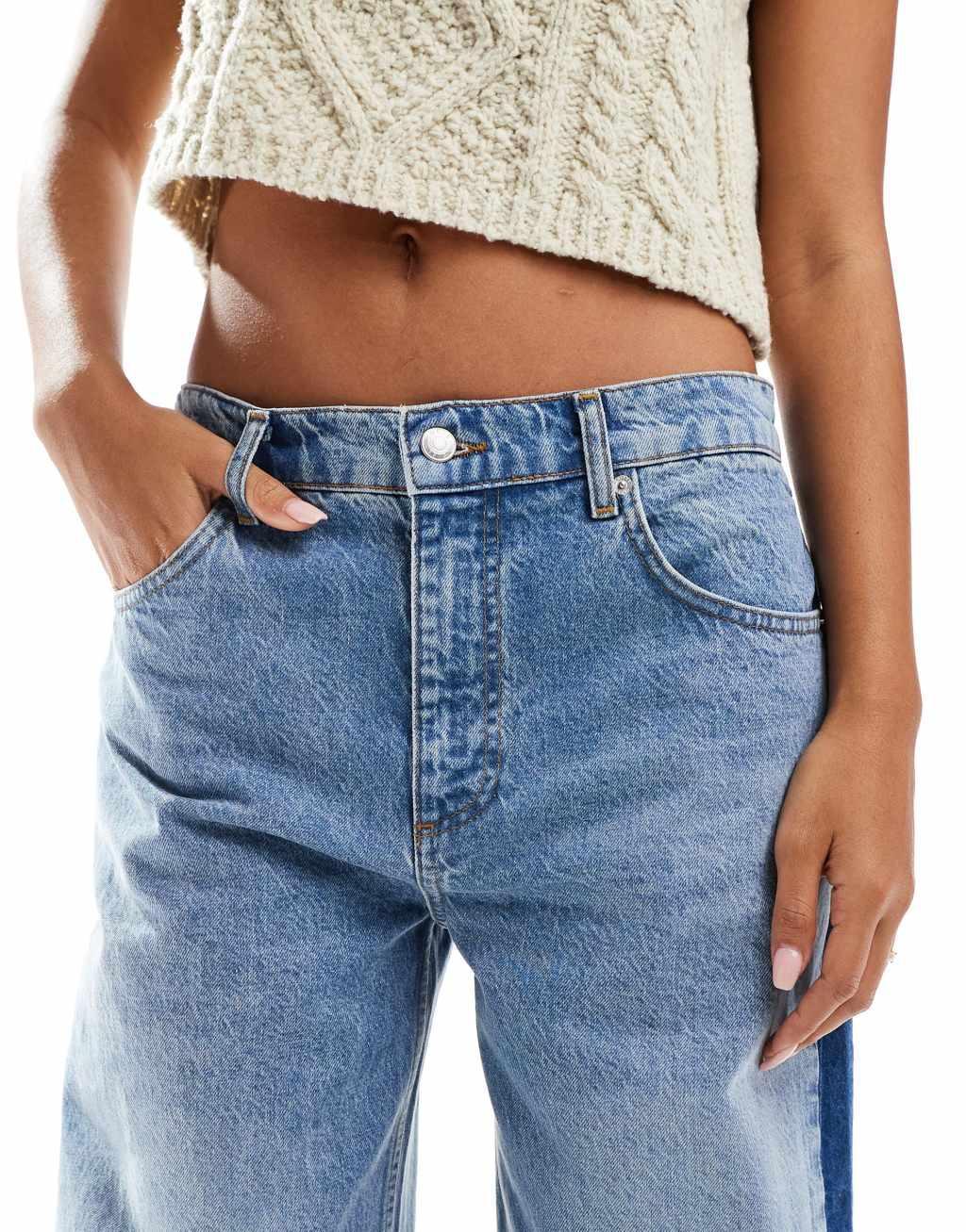 ASOS DESIGN wide leg jeans with contrast side panel in mid blue Product Image