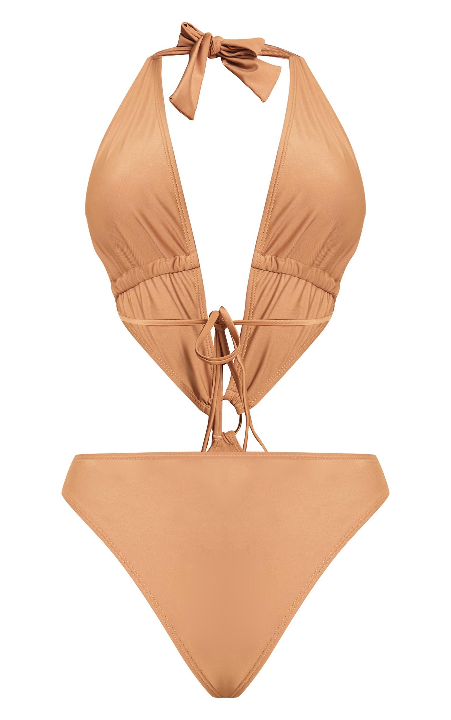 Beige Plunge O Ring Cut Out Swimsuit Product Image