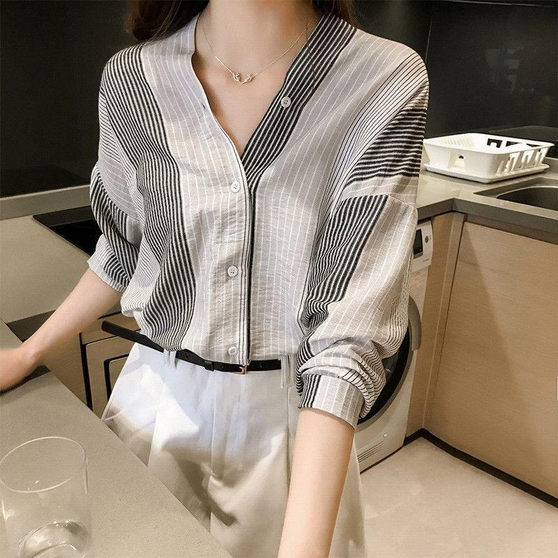 Striped V-Neck Blouse Product Image