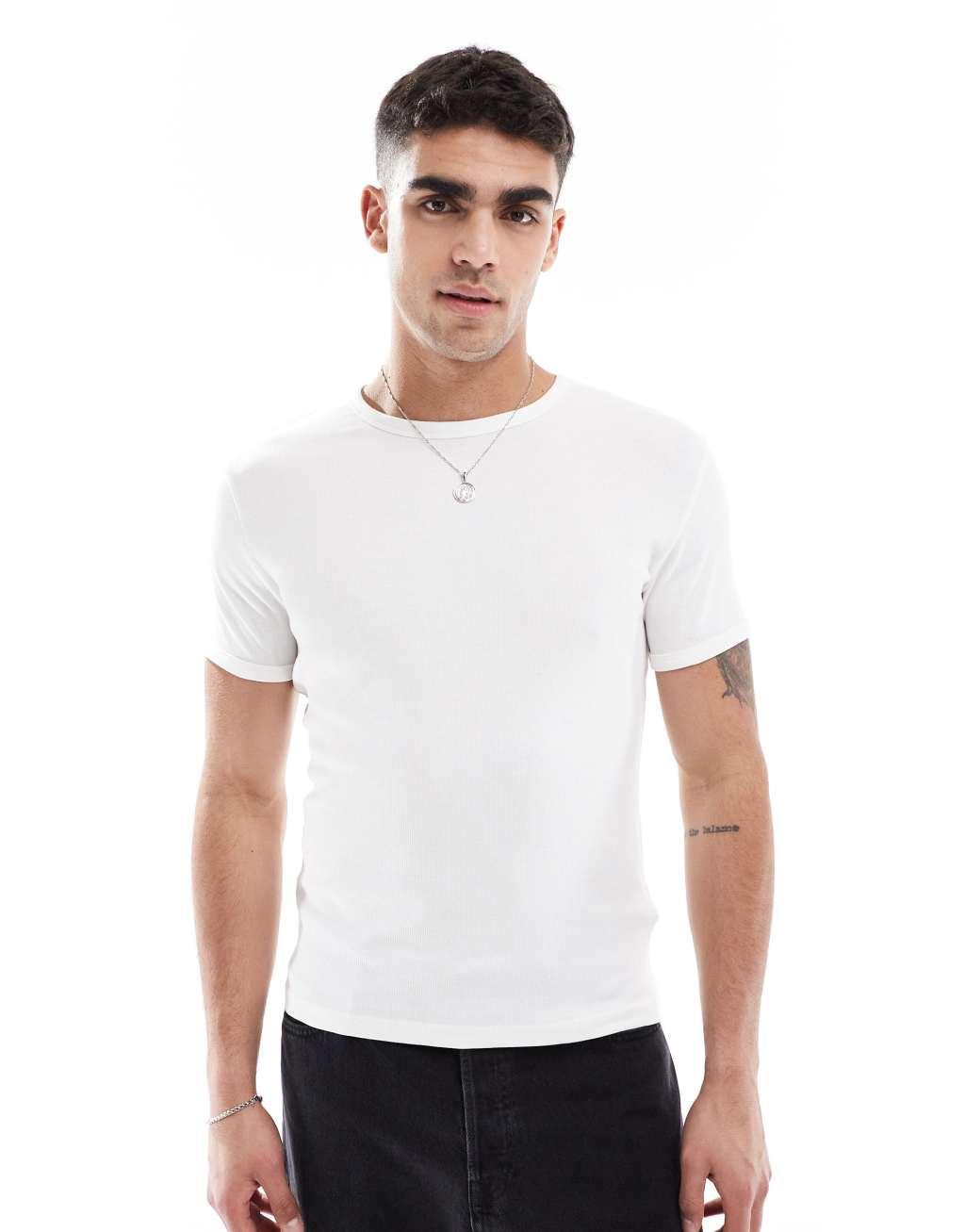 Bershka slim fit ribbed T-shirt in white Product Image
