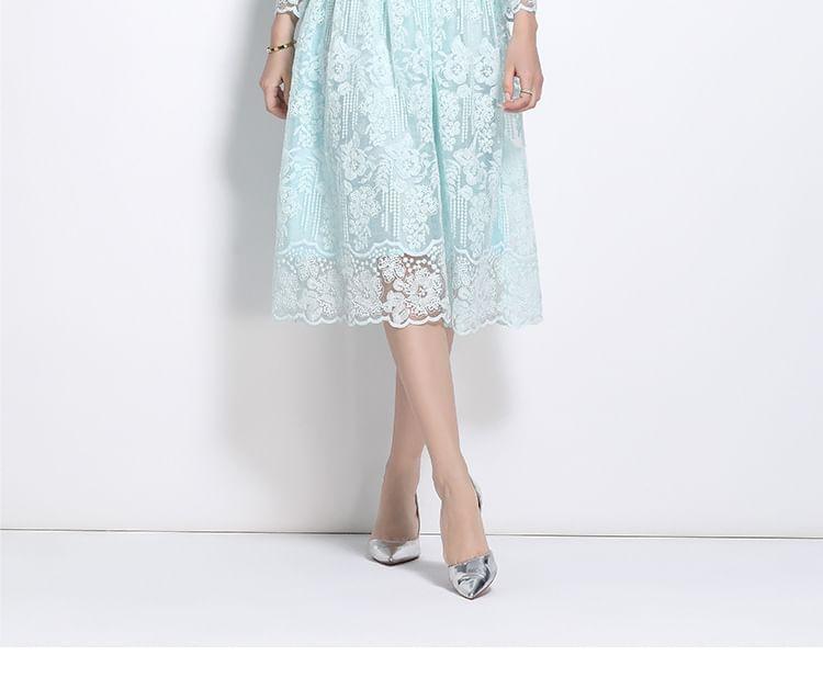 Set: Long Sleeve Round Neck Plain Floral Embroidered Faux Pearl Button Mesh Top + High Waist Midi A-Line Skirt Product Image