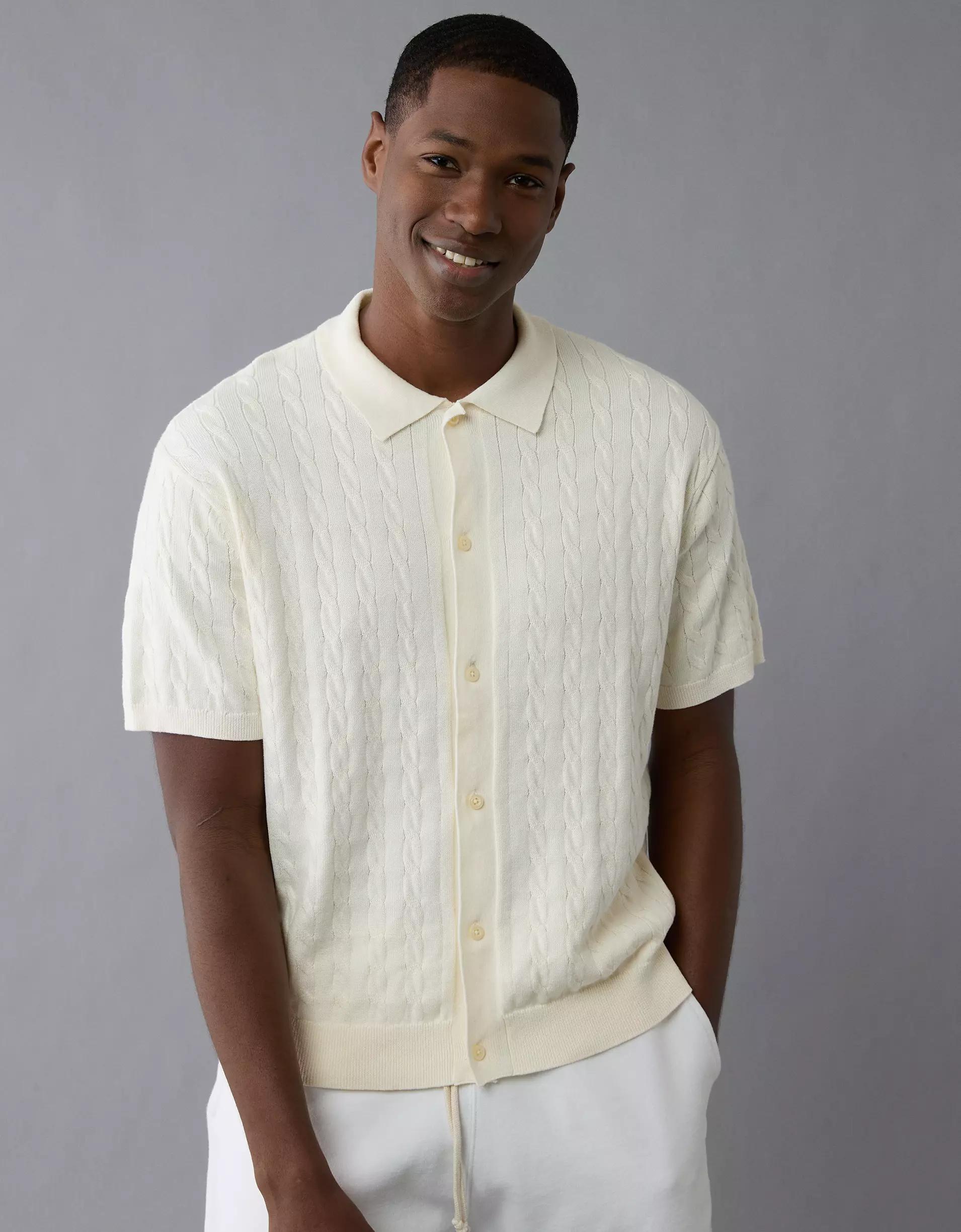 AE Weekend Cable Knit Button-Up Sweater Polo Shirt Product Image