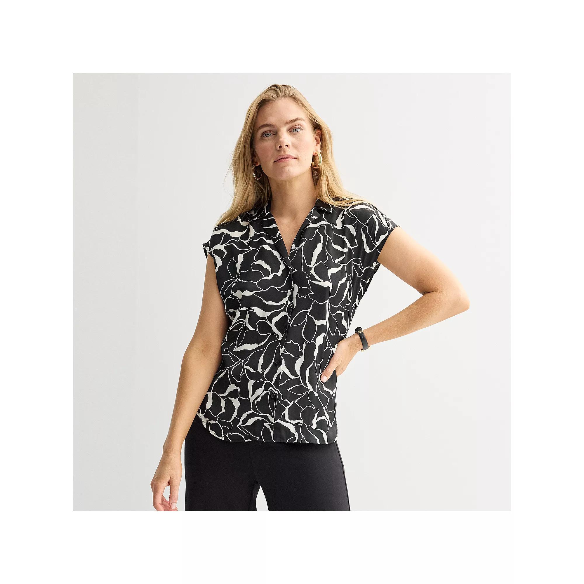 Women's Nine West Short Sleeve Easy Lapel Shirt, Size: XXL, Black Glass Floral Product Image