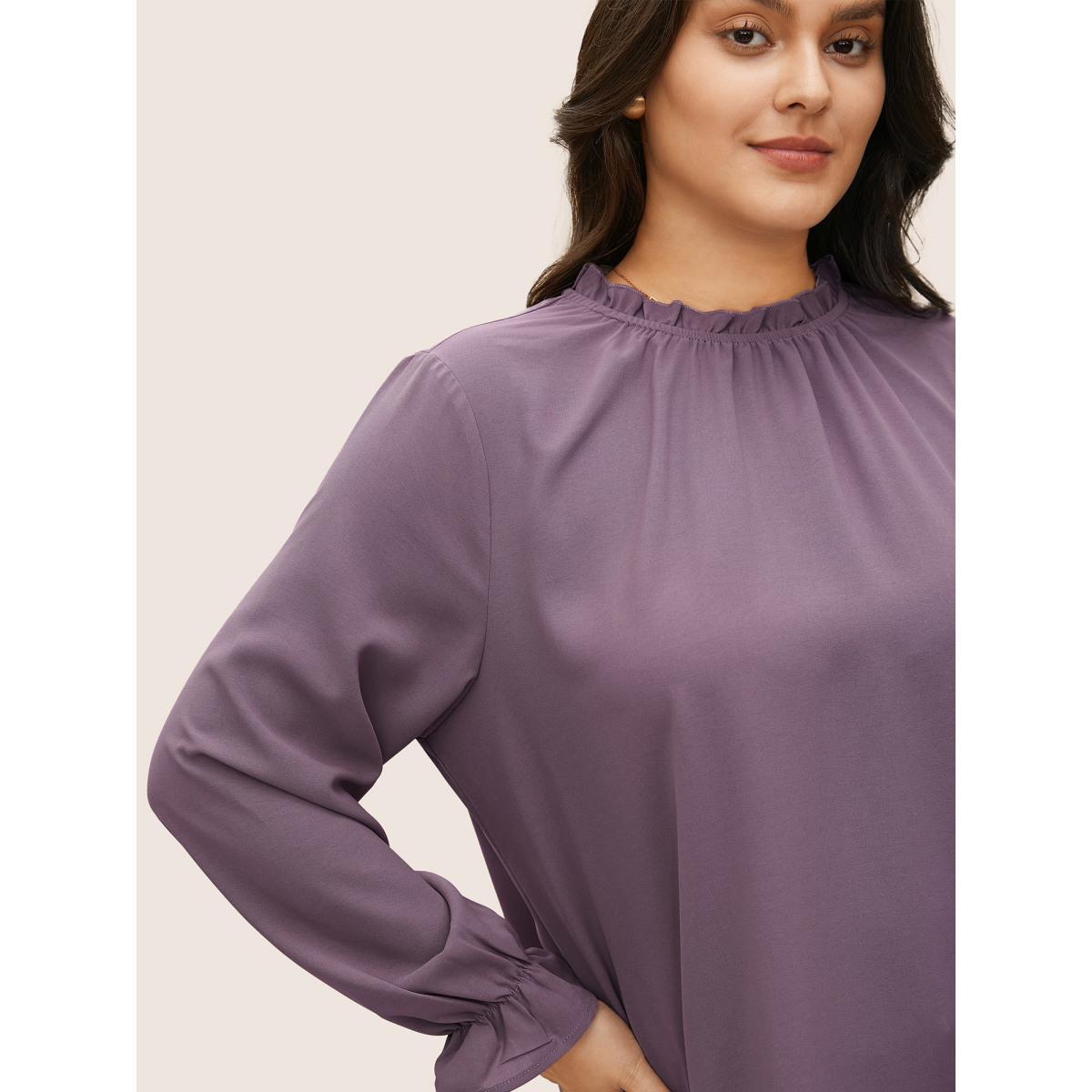 Plus Size Mauve Plain Lantern Sleeve Ruffle Trim Mock Neck Blouse Women Work From Home Long Sleeve Mock Neck Work Blouses BloomChic 22-24/3X Product Image