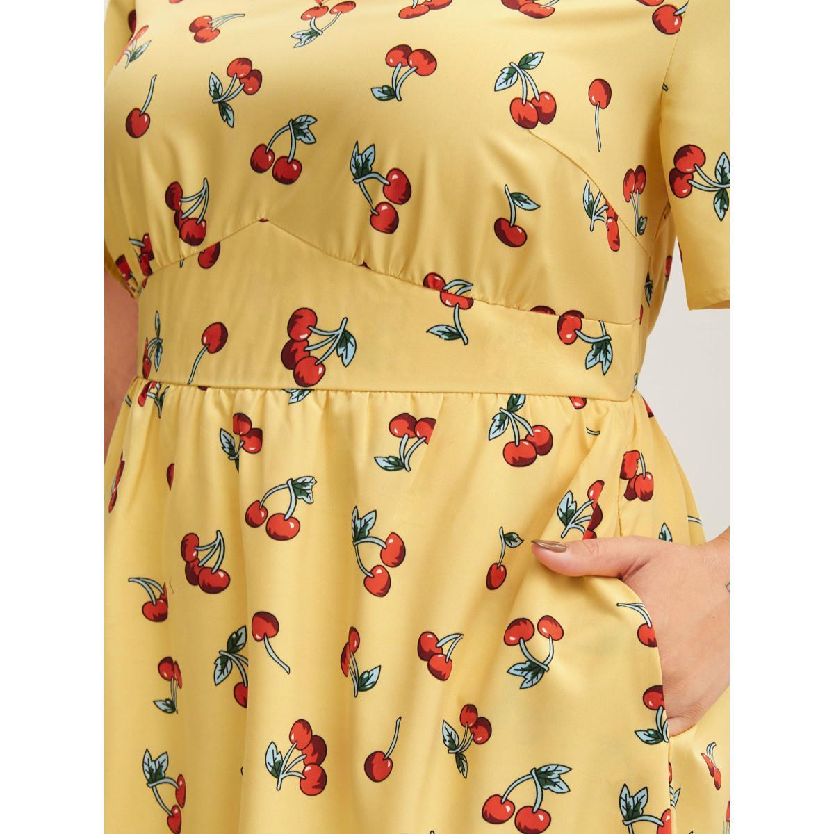 Plus Size Cherry Print Stretchy Cinched-Waist Midi Dress Lemonyellow Women V-neck Short sleeve Curvy BloomChic 18-20/2X Product Image
