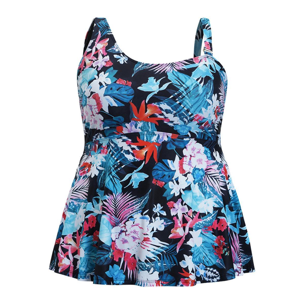 Plus Size Floral Printed Asymmetrical Ruffles Hem Tankini Top Women's Swimwear BlackFlower Vacation Adjustable Straps High stretch Bodycon Asymmetrical Neck Curve Swim Tops BloomChic 12/L Product Image