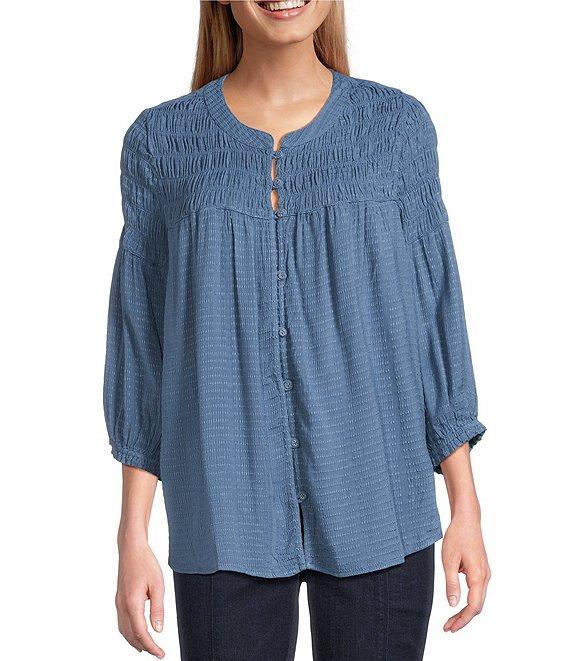 Intro Crinkle Gauze Crew Neck 3/4 Sleeve Smocked Romantic Button-Front Blouse Product Image