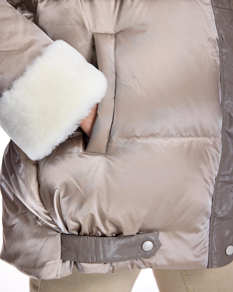 Julia & Stella by Maximilian Hooded Puffer with Lamb Trim-Maximilian Product Image