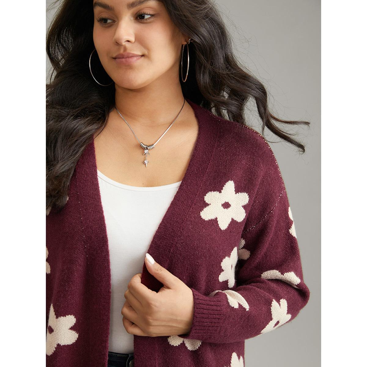 Plus Size Floral Two Tone Open Front Cardigan Burgundy Women Casual Loose Long Sleeve Dailywear Cardigans BloomChic 22-24/3X Product Image