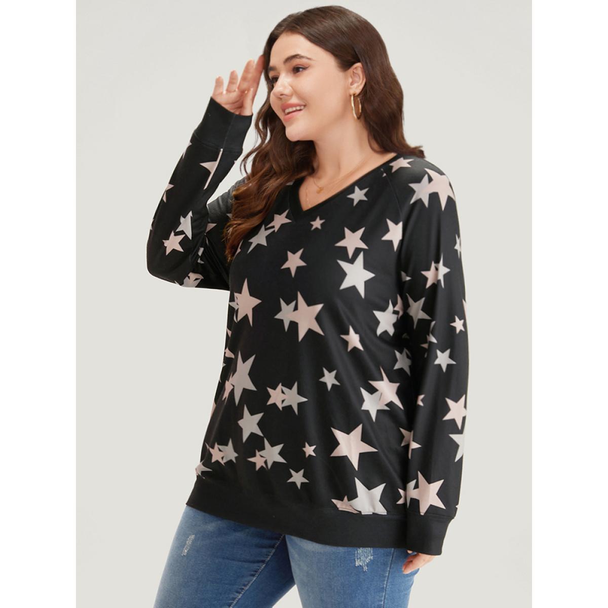 Plus Size Star Print V Neck Raglan Sleeve Sweatshirt Women Black Elegant Elastic cuffs V-neck Dailywear Sweatshirts BloomChic 30/6X Product Image