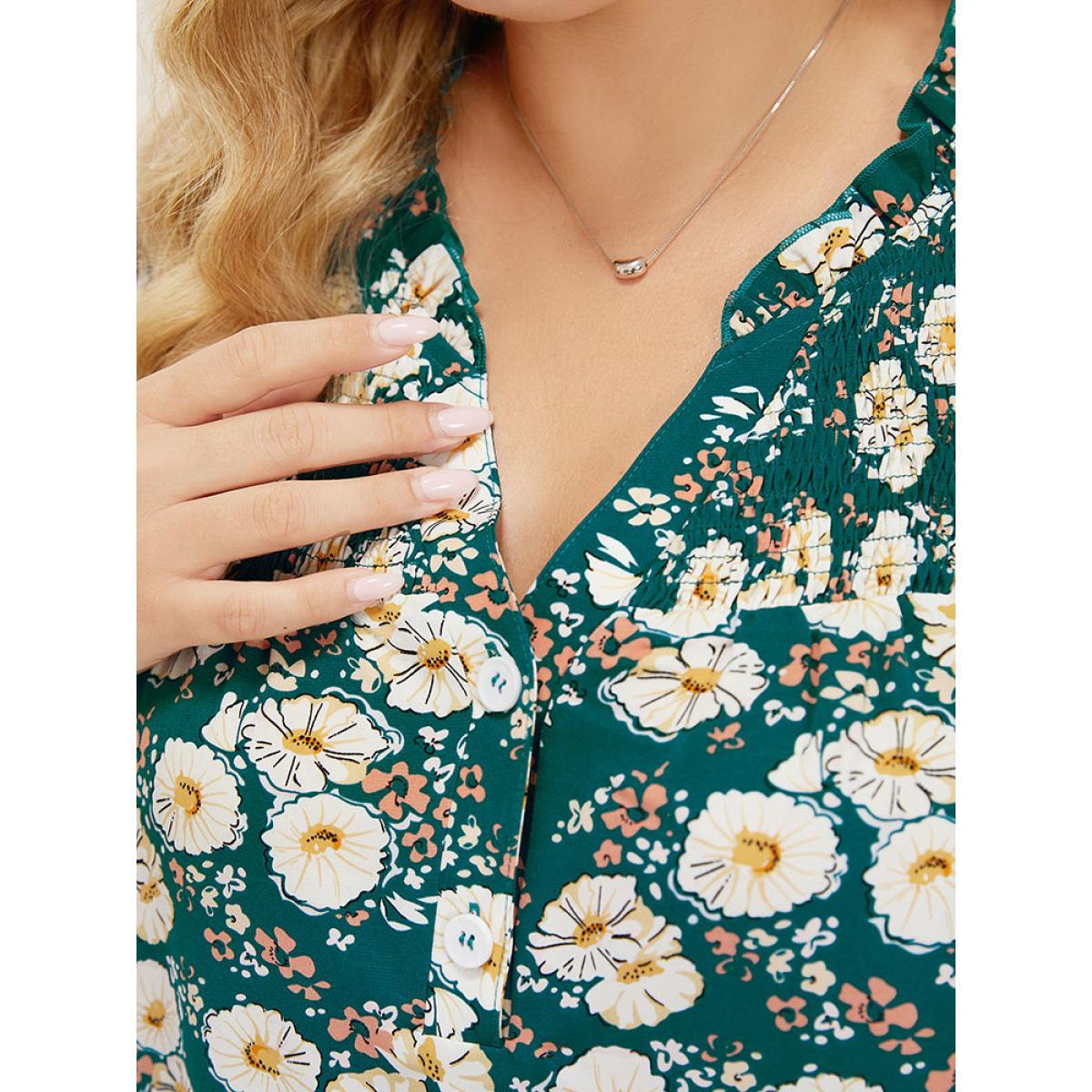 Plus Size Cerulean Floral Ruffle Sleeve Shirred Button Up Frill Trim Blouse Women Elegant Short sleeve V-neck Dailywear Blouses BloomChic 10/M Product Image