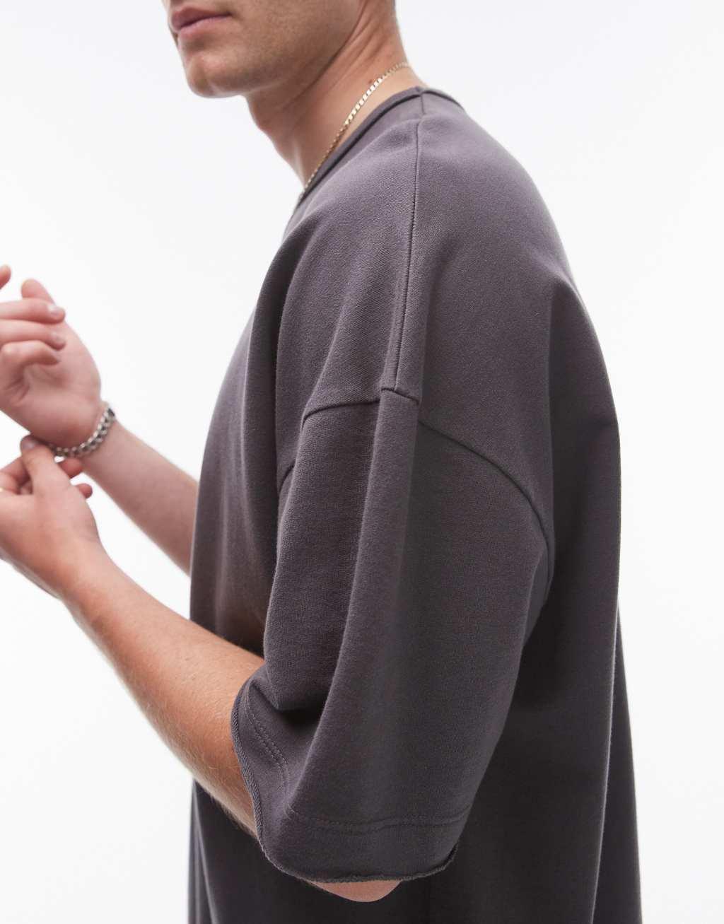 Topman extreme oversized fit washed T-shirt with raw sleeve and hem in washed black Product Image