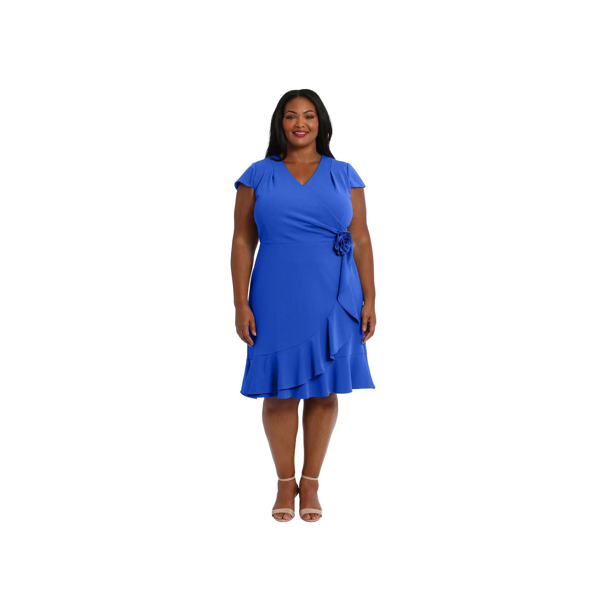Plus Size London Times Rosette Wrap Cascade Ruffle Dress, Women's, Size: 18 W, Blue Product Image