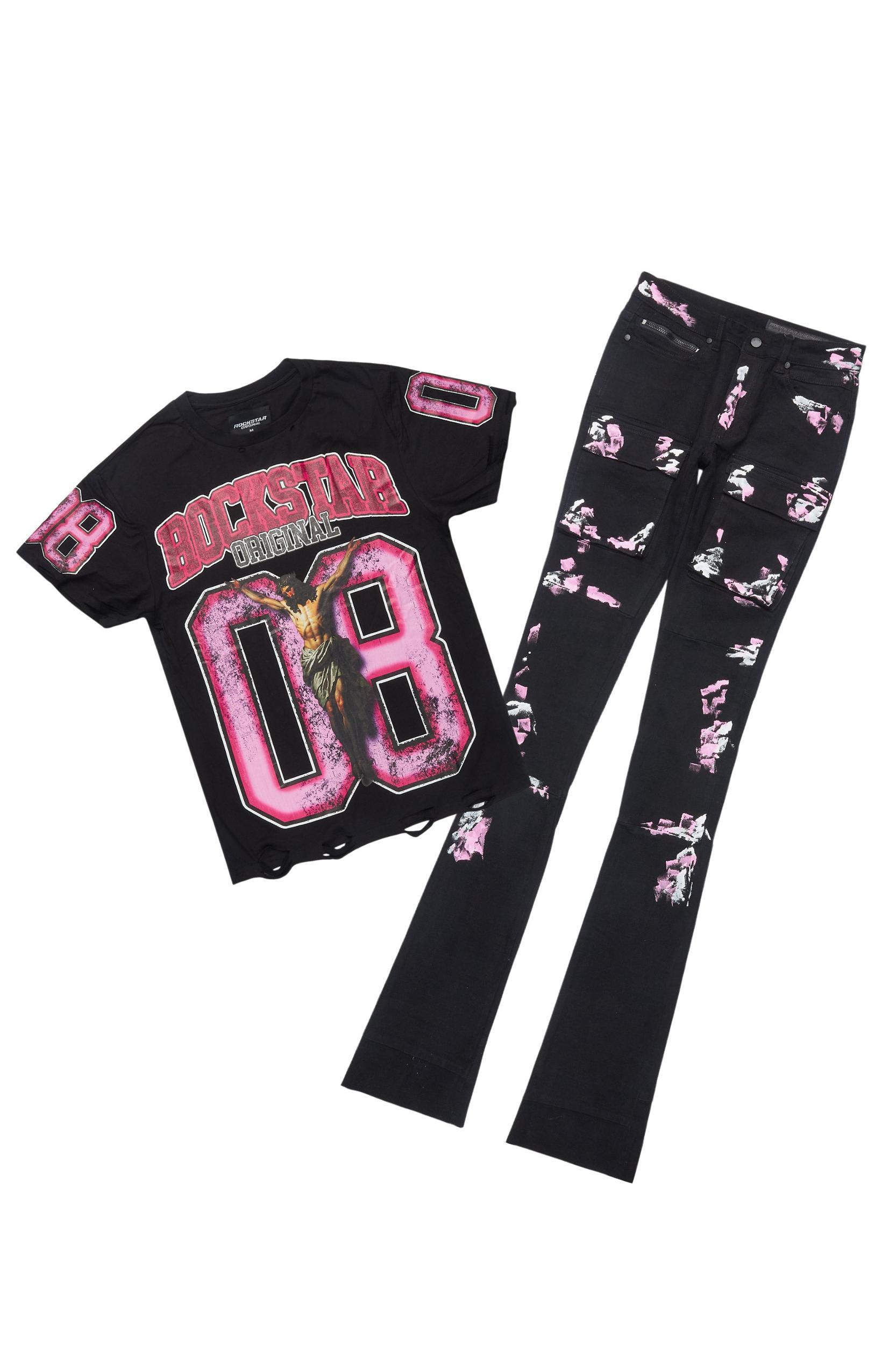 Fields Black T-Shirt/Nello Painted Super Stacked Flare Jean Set Male Product Image