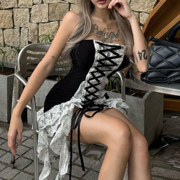 Lace Up Ruffle Panel Mini A-Line Tube Dress Product Image