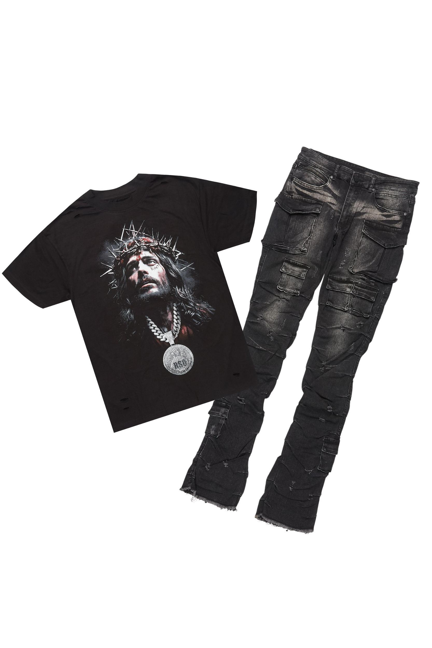 Amina Black T-Shirt & Gentry Dark Grey Stacked Flare Jean Bundle Male Product Image