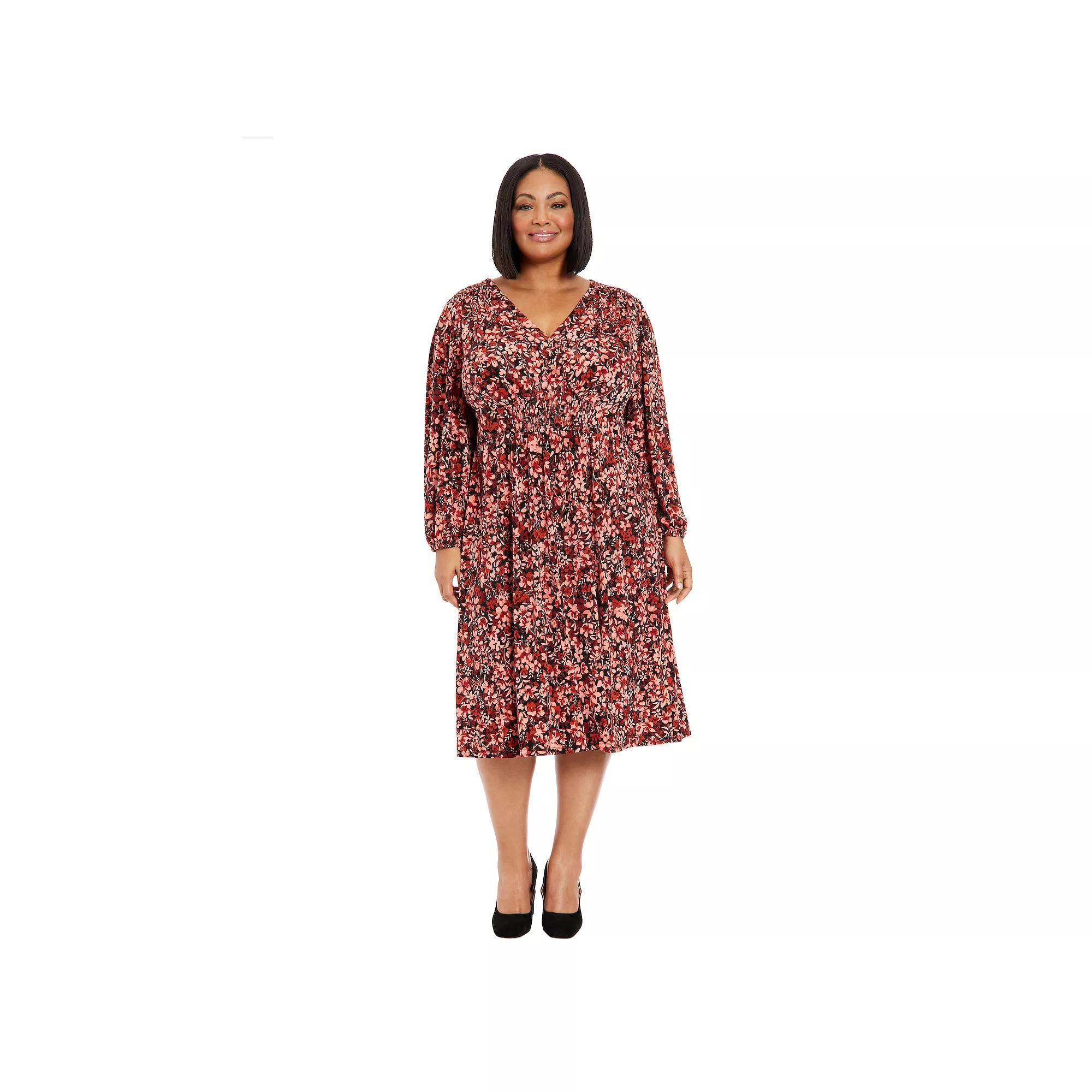 Plus Size London Times V-Neck Smocked Waist Midi Dress, Womens Product Image
