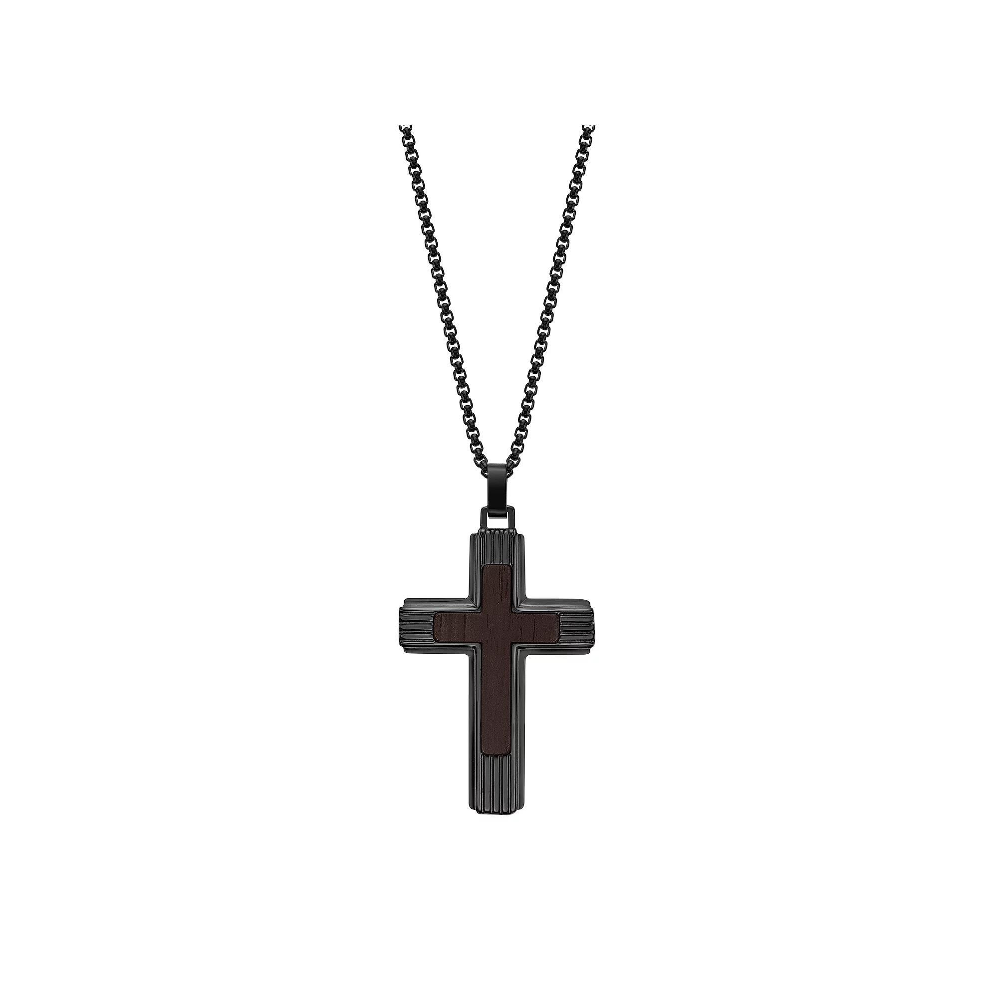 Men's LYNX Stainless Steel & Ebony Wood Cross Pendant Necklace, Size: 24" Product Image