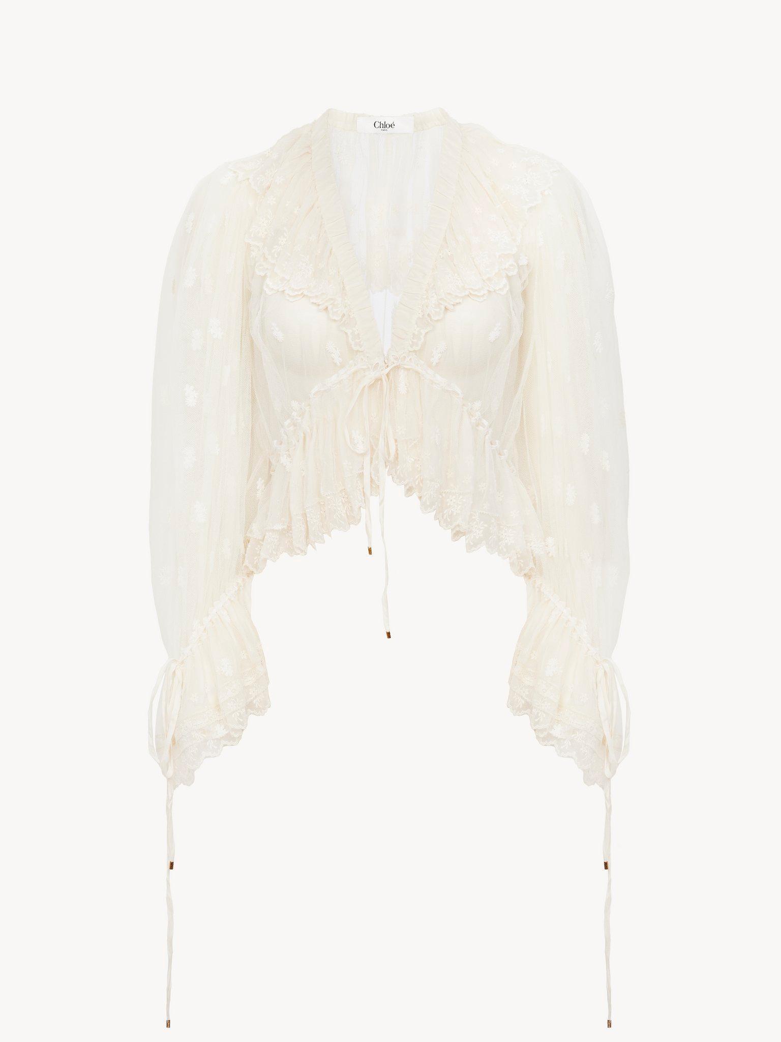 V-neck ruffle top in embroidered lace Product Image