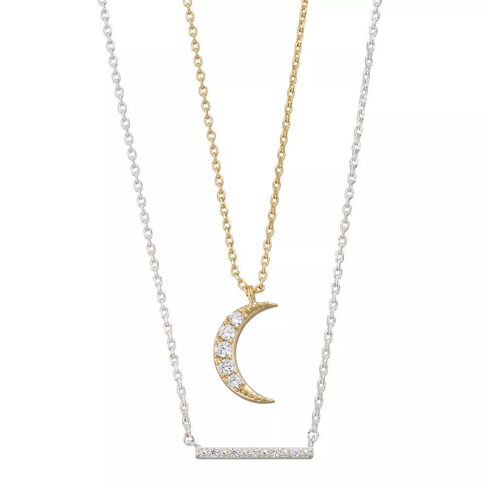 City Luxe Two Tone Cubic Zirconia Moon & Bar Necklace Set, Women's, Two Tone & Clear Product Image