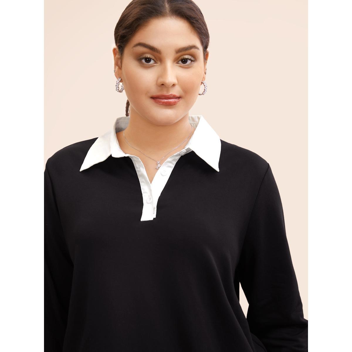 Plus Size 2-In-1 Shirt Collar Contrast Patchwork Sweatshirt Women Black Work From Home Contrast Shirt collar Work Sweatshirts BloomChic 12/L Product Image