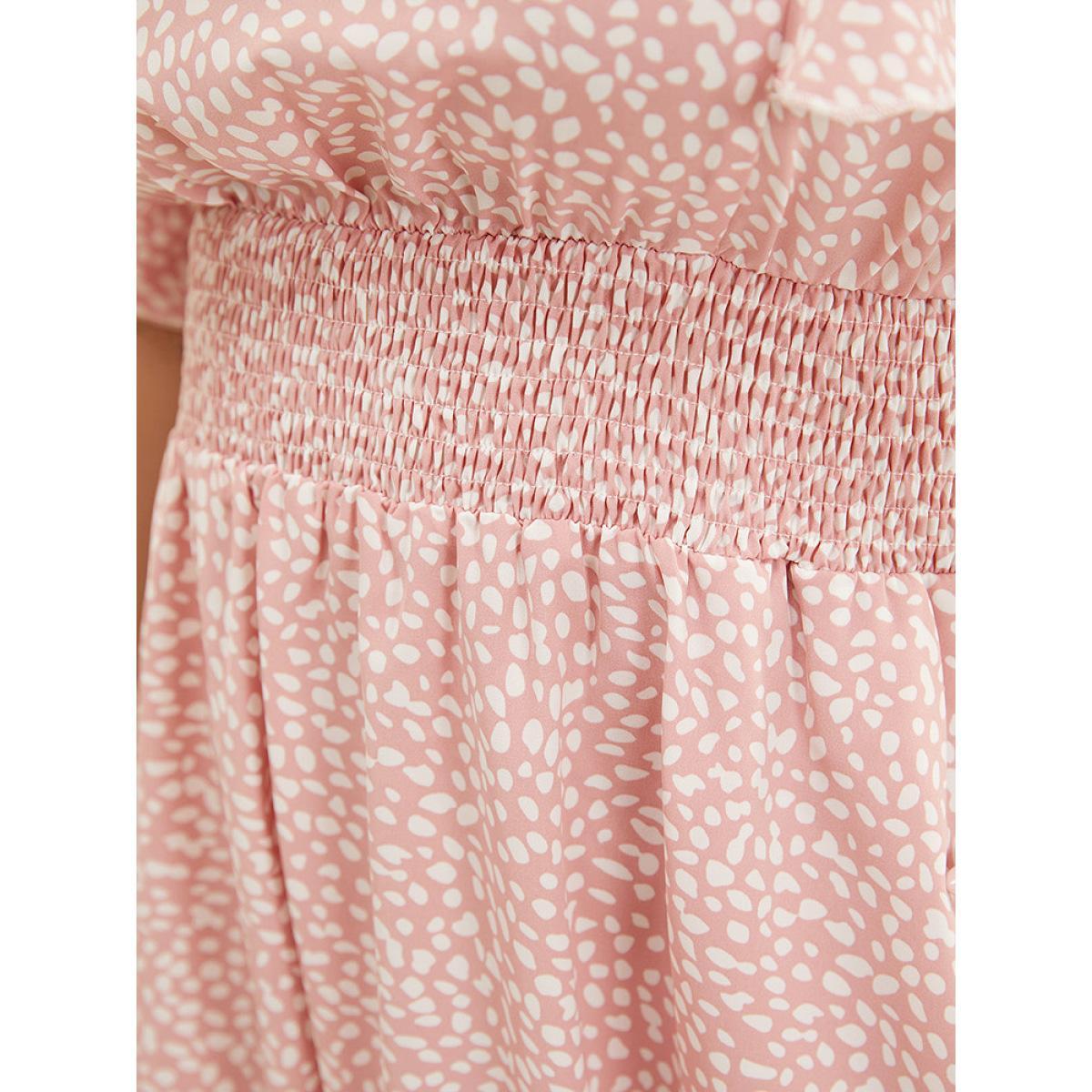 Plus Size Leopard Ruffle Trim Pocket Shirred Puff Sleeve Dress DustyPink Women Elegant Lined V-neck Short sleeve Curvy Midi Dress BloomChic 26/4X Product Image
