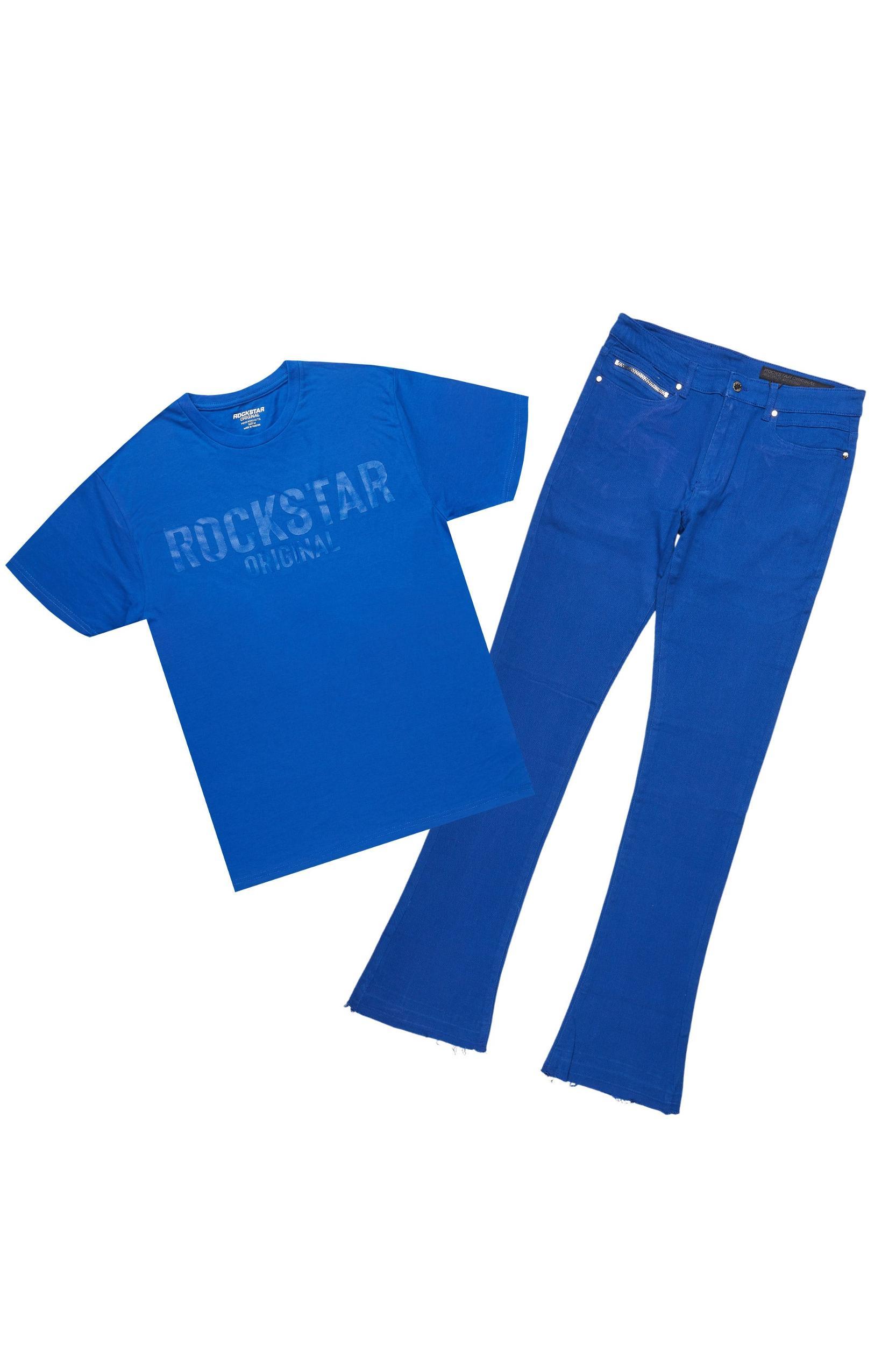 Sana Royal Blue T-Shirt/Dag Stacked Flare Jean Set Male Product Image
