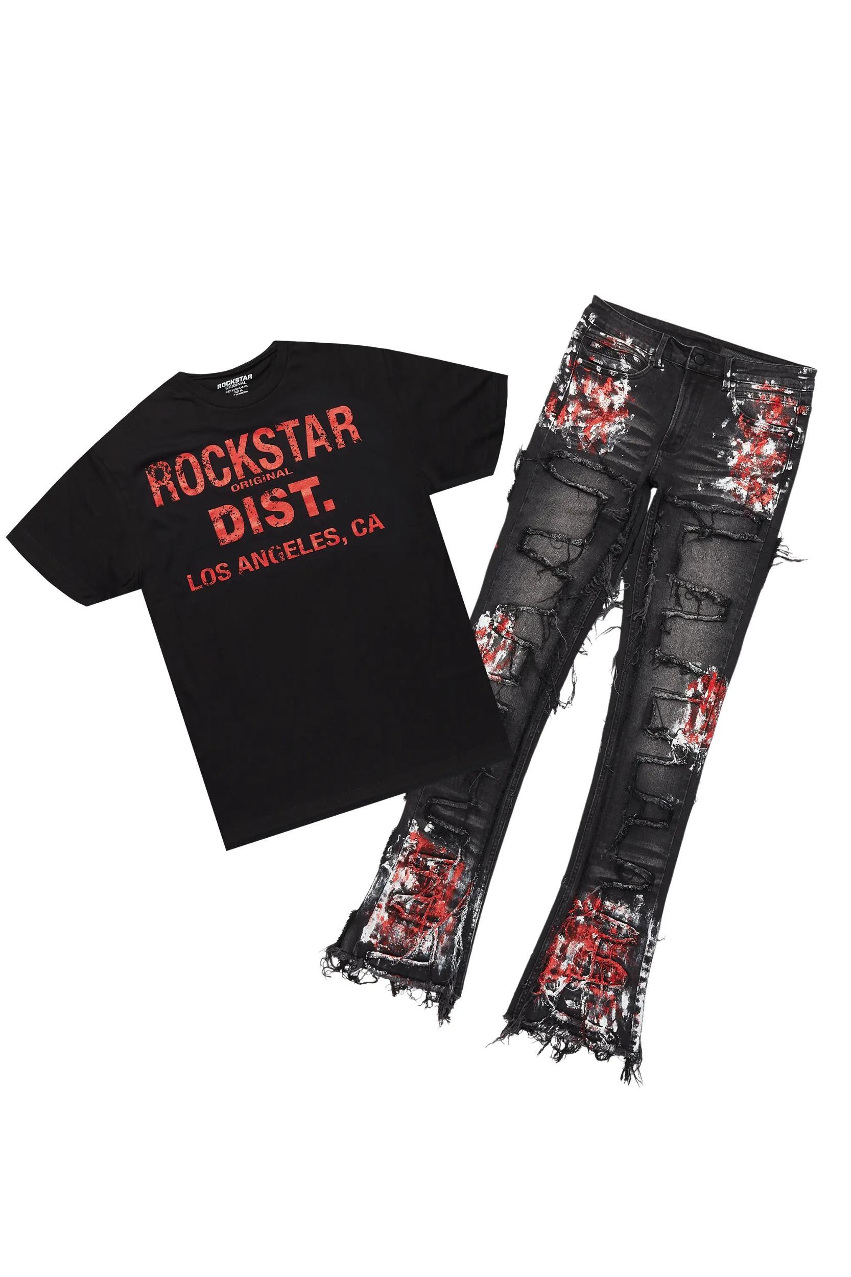 Saxon Dark Grey/Red T-Shirt/Stacked Flare Jean Set Male Product Image