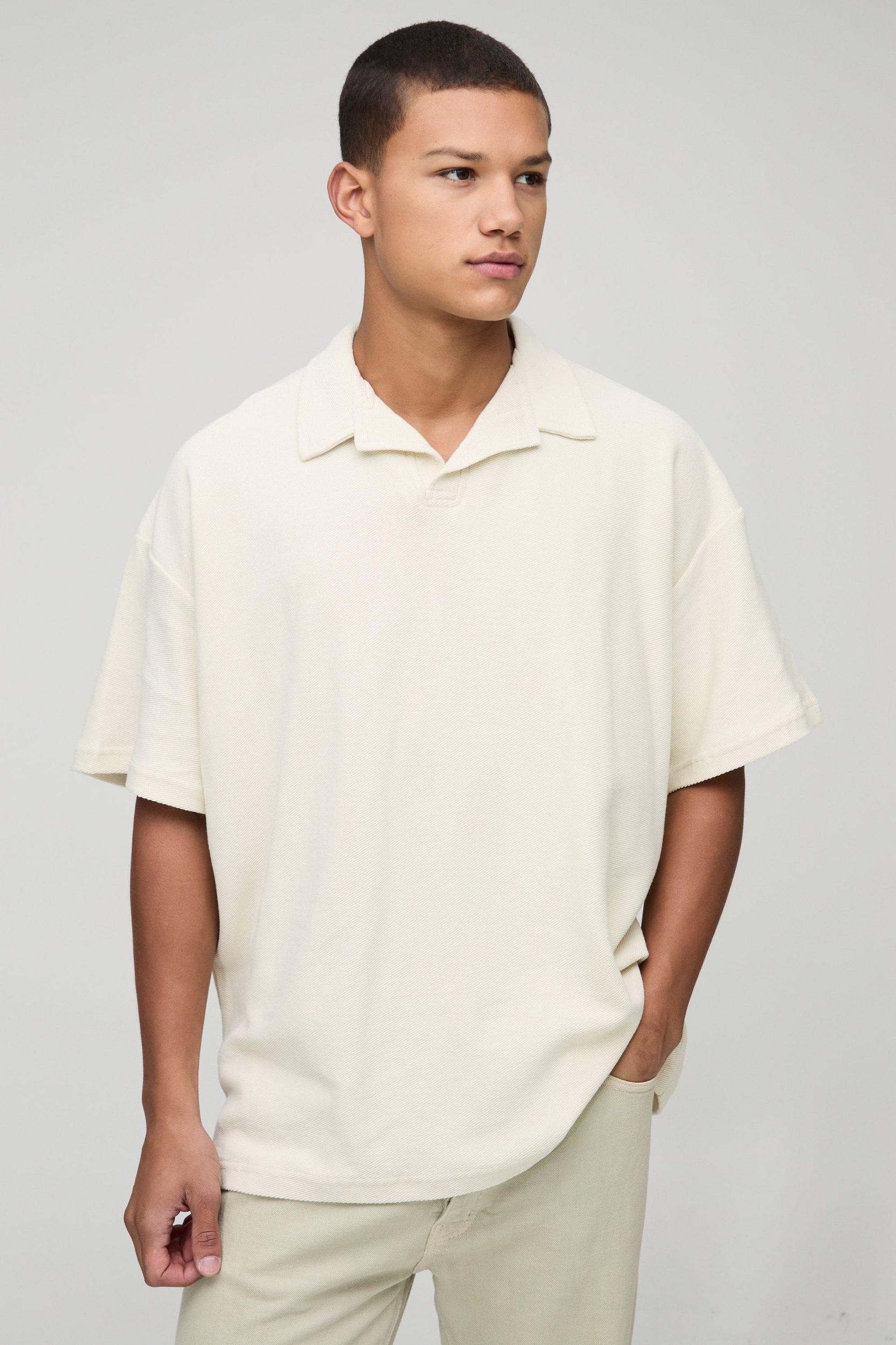 Mens Cream Oversized Revere Twill Jersey Polo, Cream Product Image