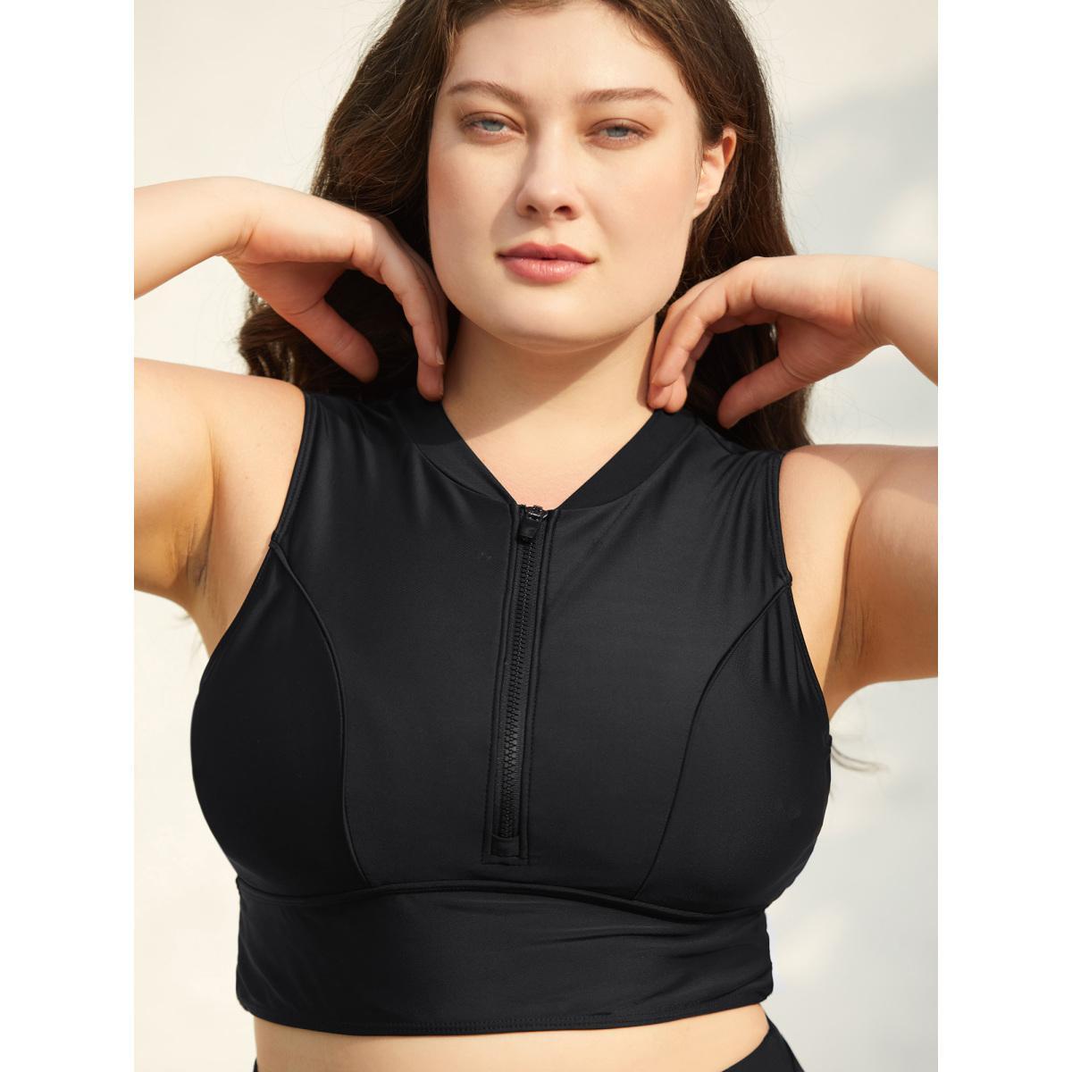 Plus Size Glide Lock Zipper Plain Fitted Swim Top Women's Swimwear Black Beach High stretch Skinny V-neck Curve Swim Tops BloomChic 10/M Product Image