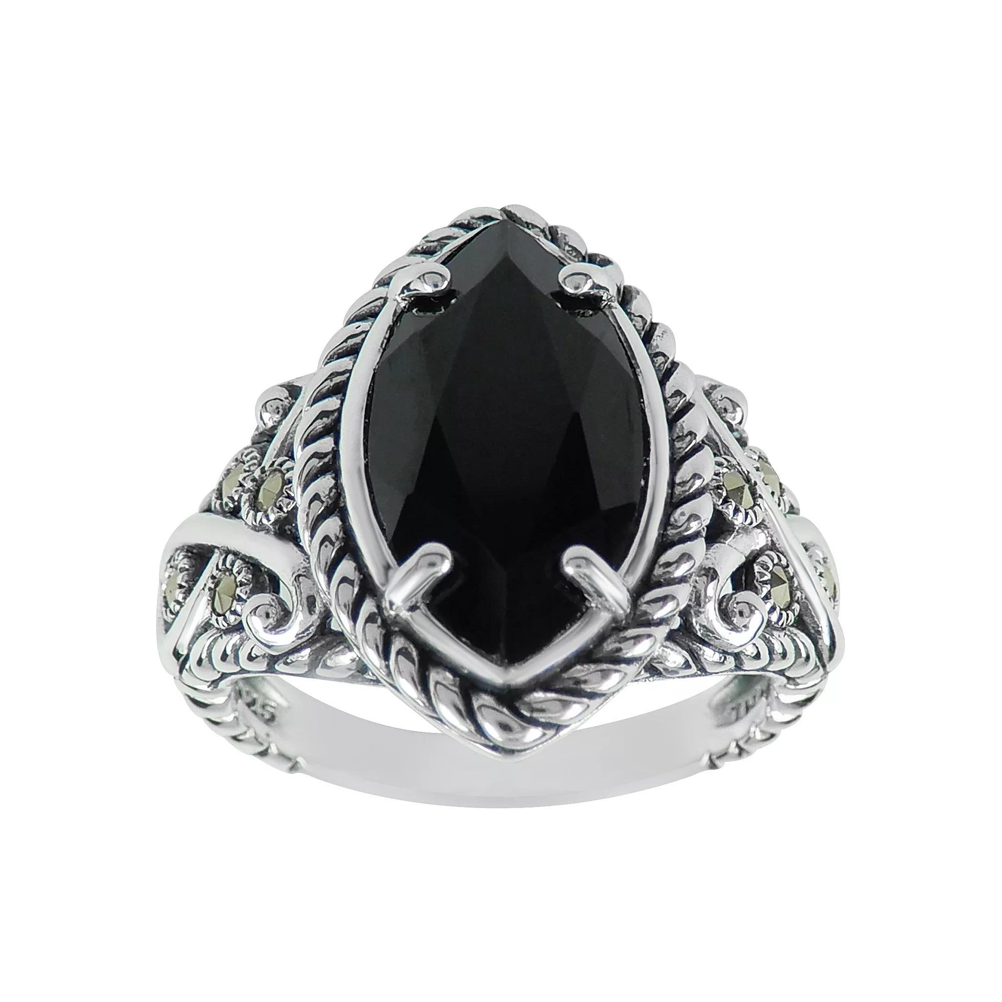 Lavish by TJM Sterling Silver Onyx & Marcasite Marquise Ring, Women's, Size: 6 Product Image