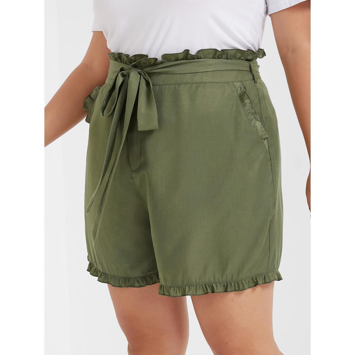 Plus Size Paperbag Waist Ruffle Belted Pocket Shorts Women ArmyGreen Casual Ruffles Dailywear Shorts BloomChic 18/2X Product Image