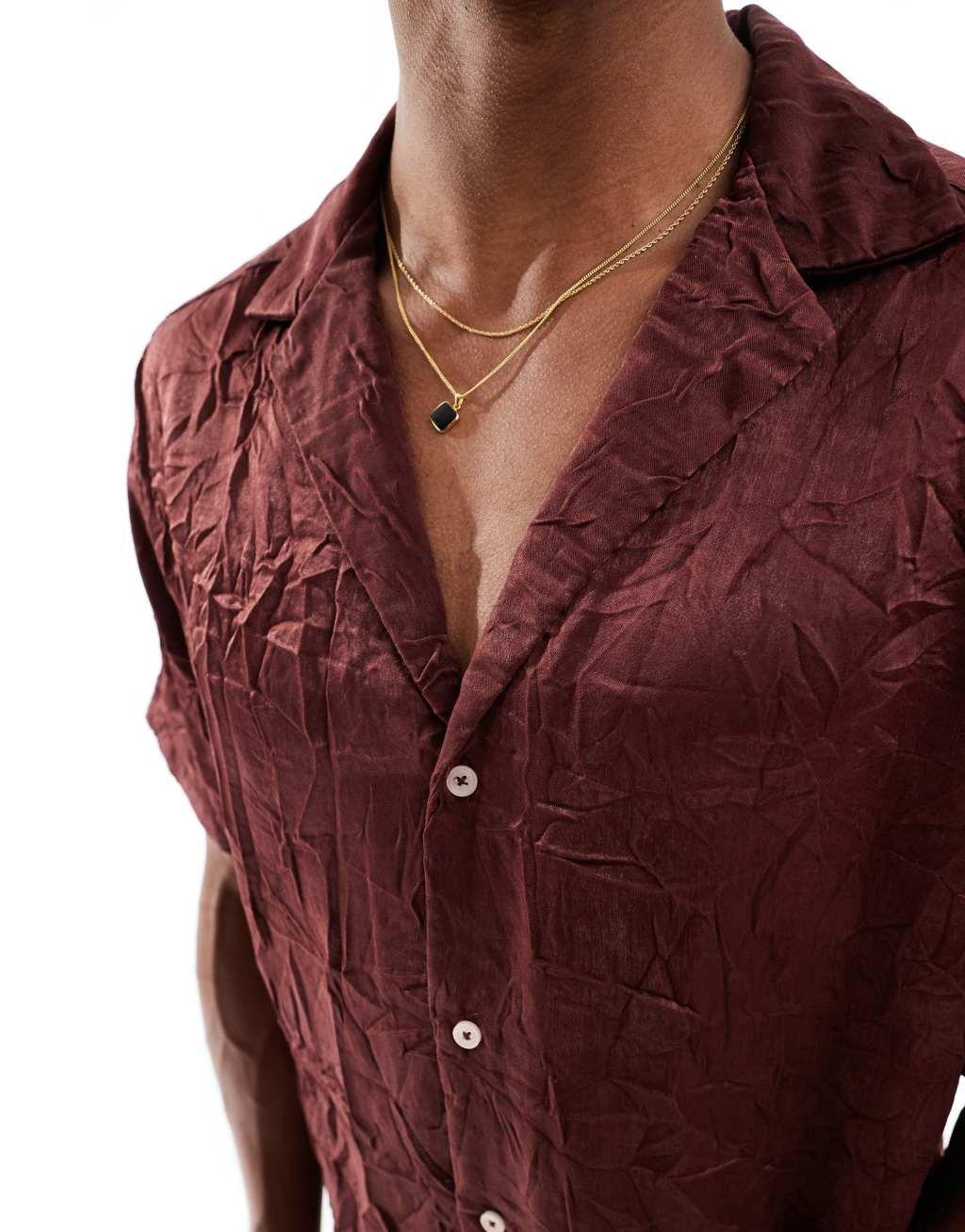 ASOS DESIGN relaxed fit deep camp collar crinkle satin shirt in brown Product Image