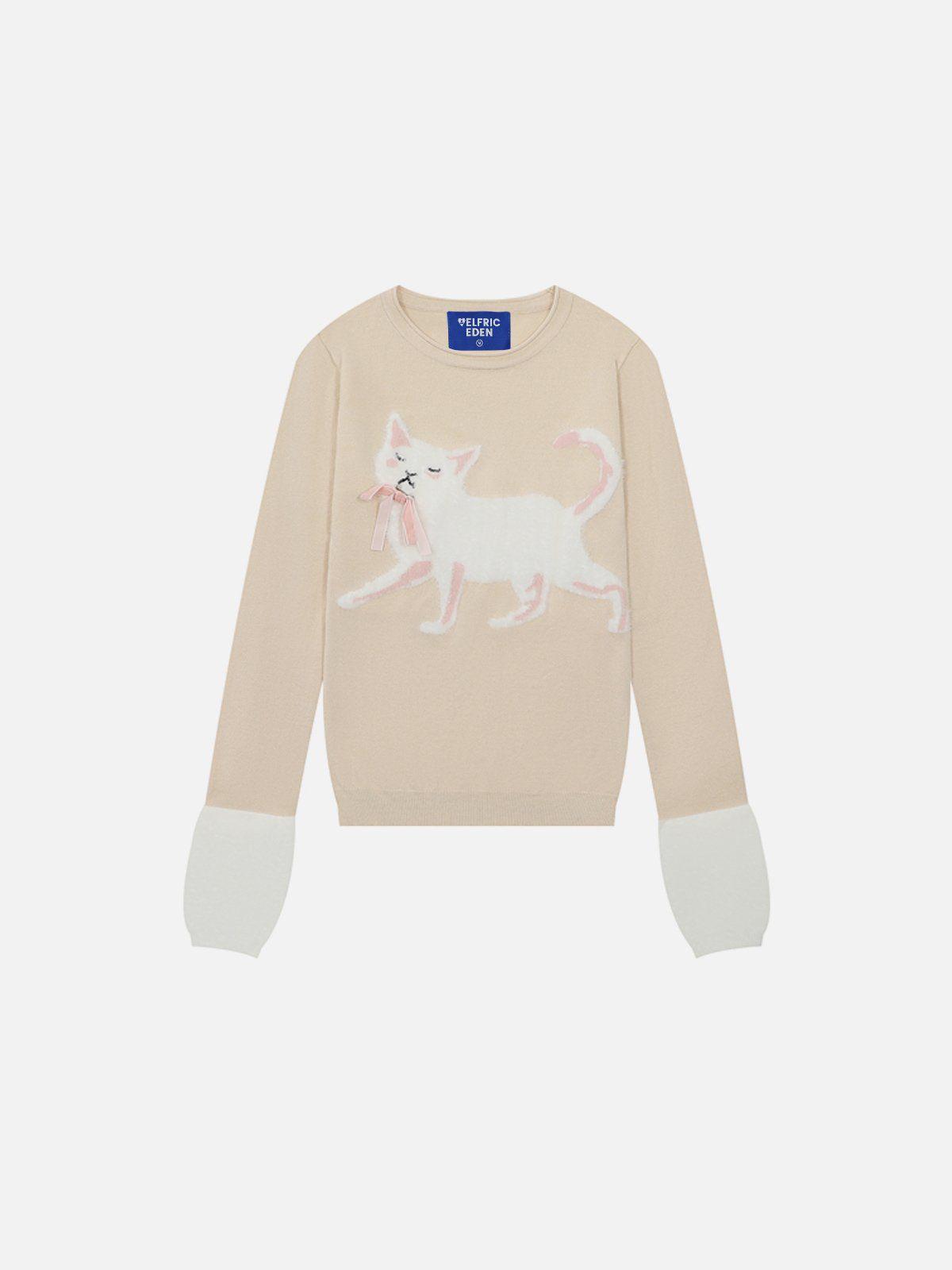 Aelfric Eden Cute Cat Jacquard Cropped Sweater Female Product Image