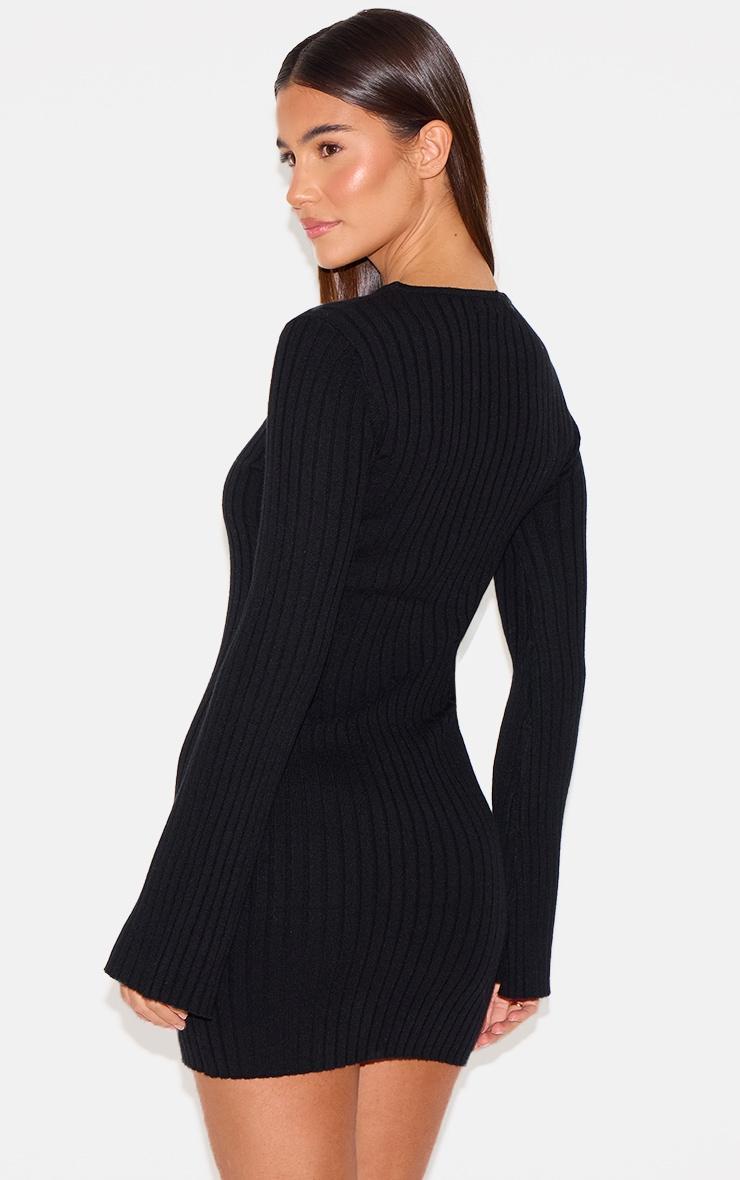 Black Ribbed Knit Mini Dress Product Image