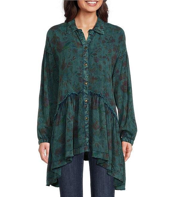 Tru Luxe Jeans Print Vintage Wash Button Up Peplum Top Product Image
