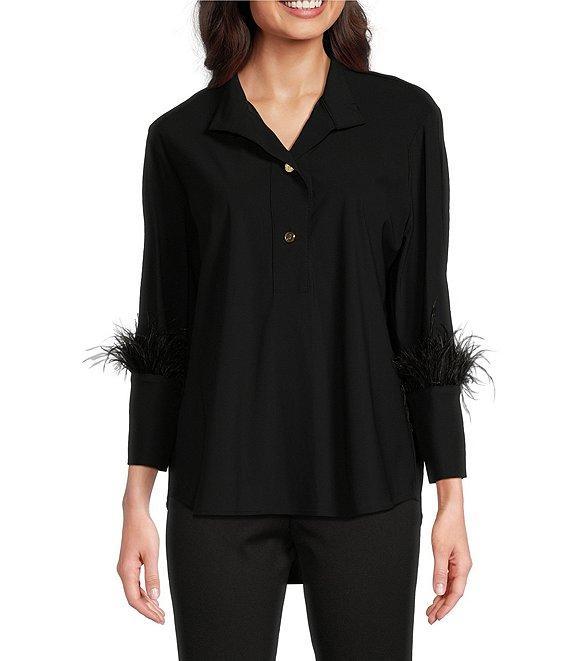Jude Connally Belinda Feather Print Jude Cloth Stretch Knit Wrinkle-Free Stand Collar 3/4 Sleeve Top Product Image