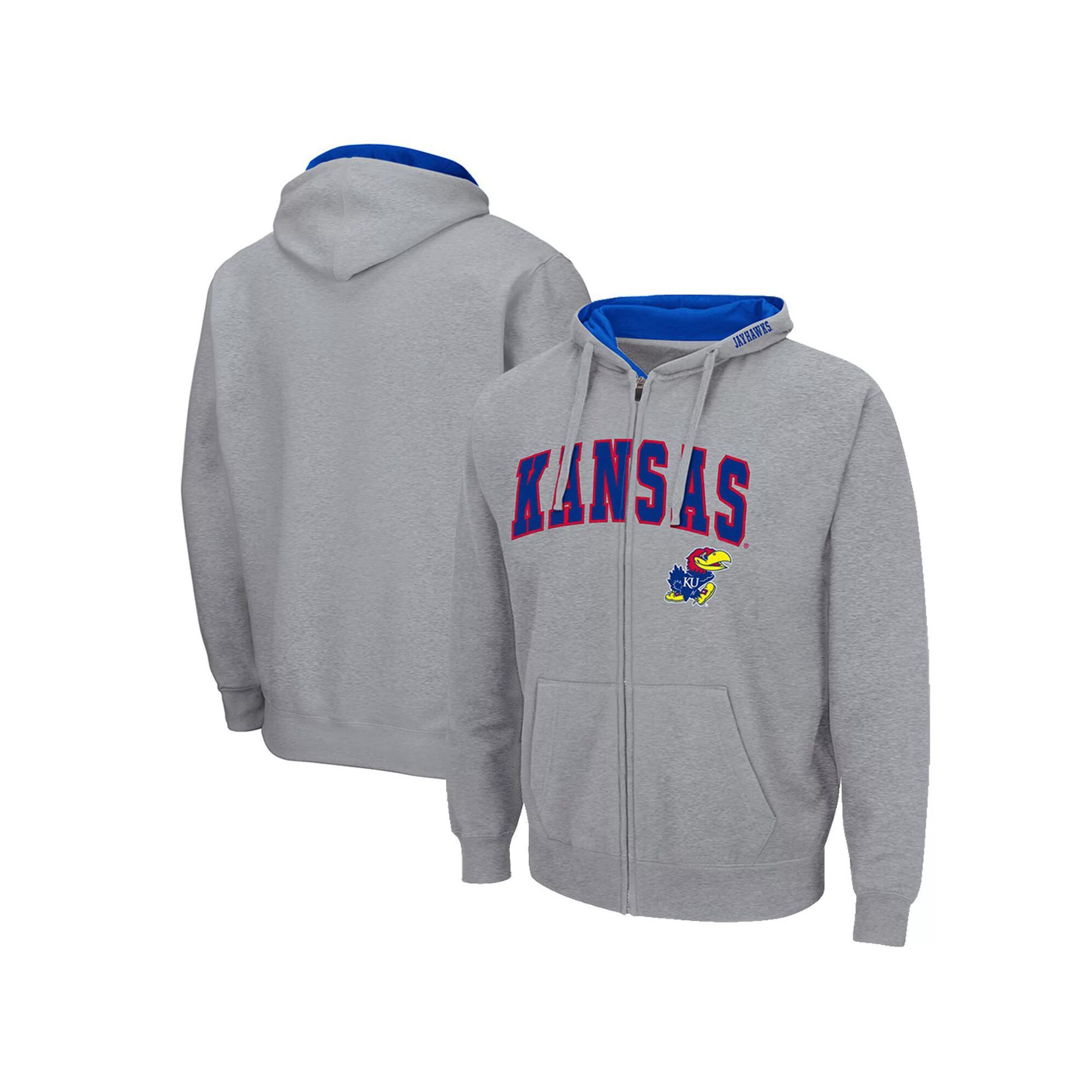 Men's Colosseum Heathered Gray Kansas Jayhawks Arch & Logo 3.0 Full-Zip Hoodie, Size: Medium, Grey Product Image