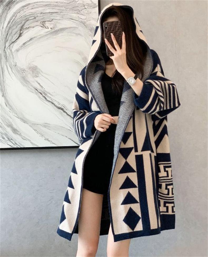 Geometric Print Hooded Open Front Long Cardigan Product Image