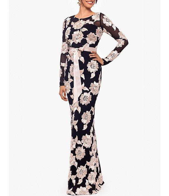 Betsy & Adam Floral Embroidered Mesh Crew Neck Long Sleeve Tie Waist Gown Product Image
