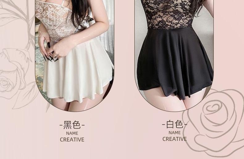 Floral Lace Panel Babydoll / Thong / Stockings / Set Product Image