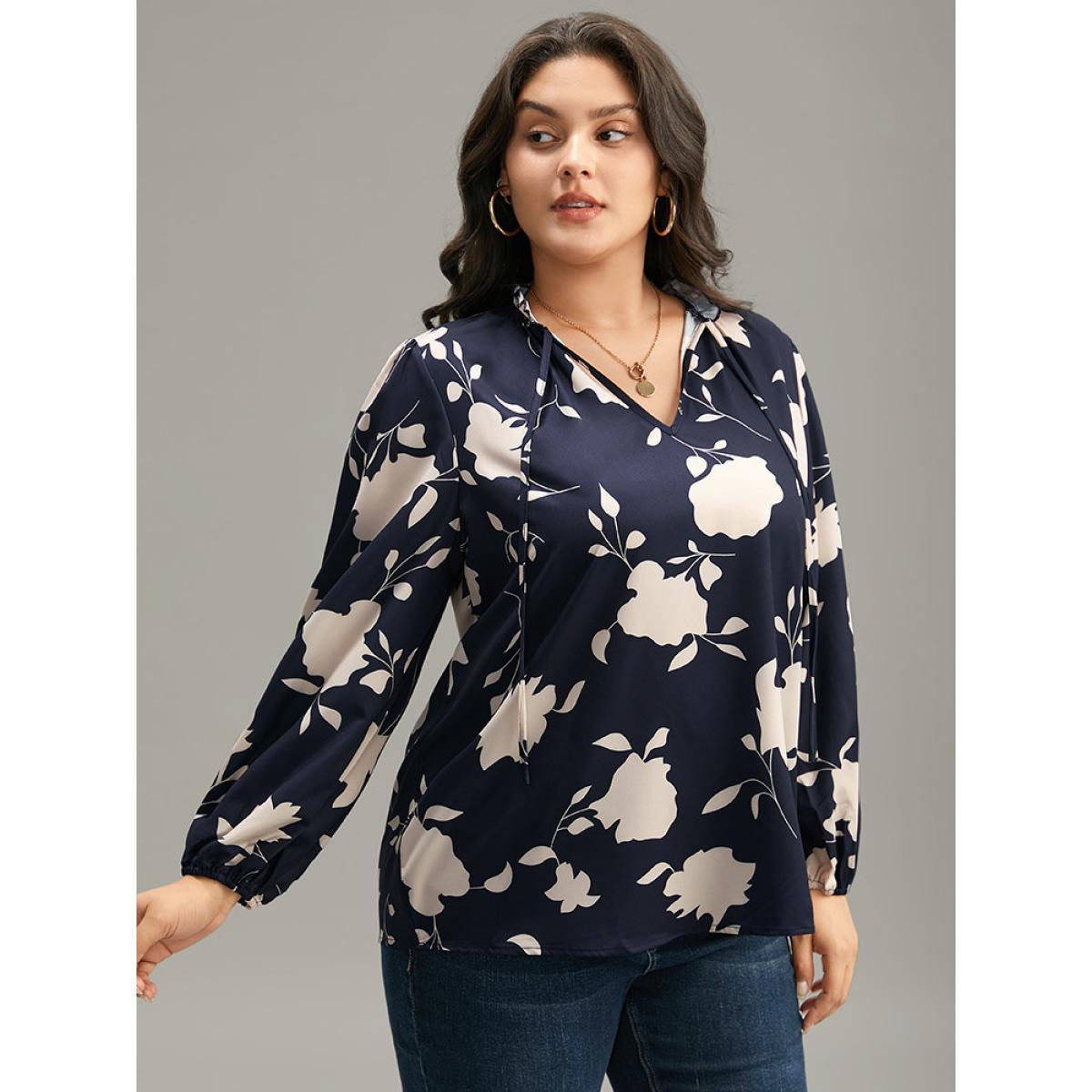 Plus Size Indigo Silhouette Floral Print Stand Collar Tie Neck Blouse Women Elegant Long Sleeve Tie Neck Dailywear Blouses BloomChic 30/6X Product Image