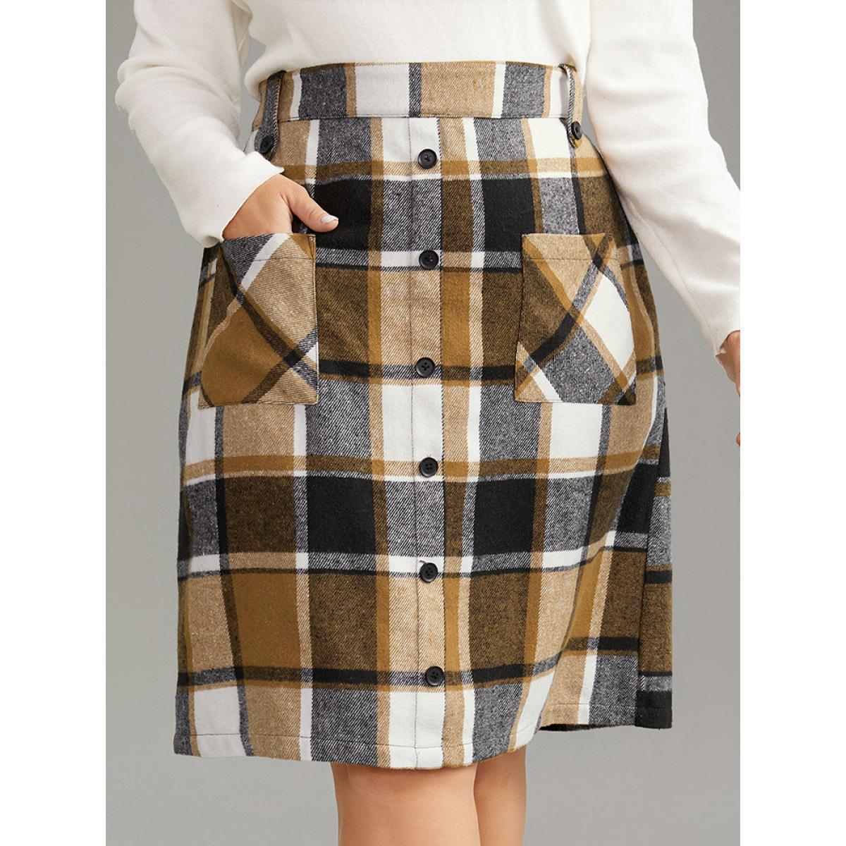 Plus Size Plaid Button Detail Patched Pocket Skirt Women Tan Office Elastic Waist Bodycon No stretch Pocket Work Skirts BloomChic 14-16/1X Product Image