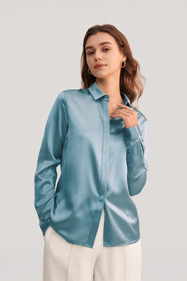 Basic Concealed Placket Silk Shirt Product Image