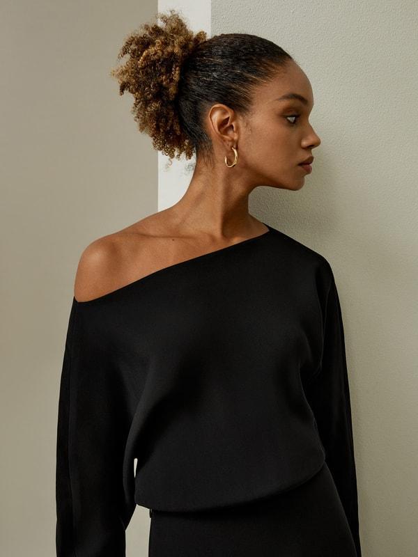 Long Sleeve Gathered Silk Mini Dress Product Image