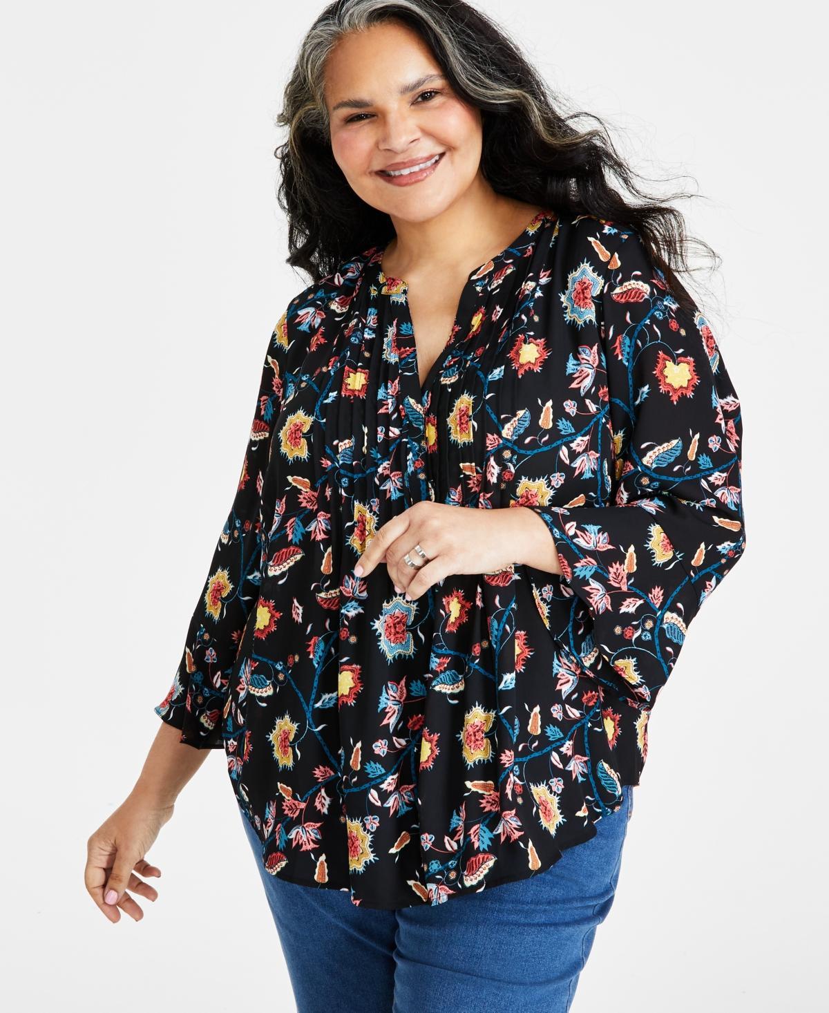 Style & Co Plus Size Printed Pintuck Blouse, Created for Macys Product Image
