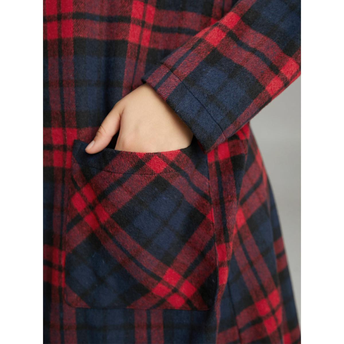 Plus Size Plaid Button Through Pocket Hooded Coat Women Indigo Casual Contrast Ladies Everyday Winter Coats BloomChic 12/L Product Image